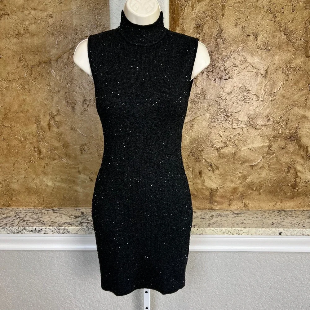 Avec‎ Les Filles Mock Neck Dress XS Black Sequin Knit Sleeveless Bodycon Sparkly